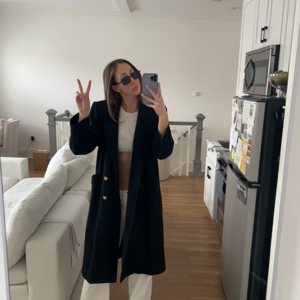 Chic Navy Long Blue Vintage Peacoat Overcoat Jacket with Gold Buttons